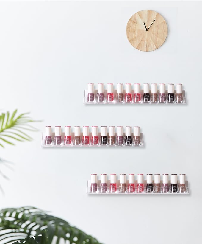 IEEK Nail Polish Rack Wall Mounted Shelf 2 Pack,Clear Kids Wall Bookshelf Acrylic Nail Polish Holder with Removable Anti-Slip End Inserts,2 Tiers Floating Polish Organizer Display 30 Bottles-BubblyBeeBaby