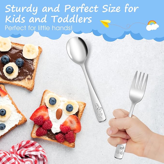 14-Piece Toddler Flatware, Kids Utensils Stainless Steel Cutlery Set, Children Safe Spoons and Forks with Ergonomic Handle, Easy to use and Dishwasher Safe (Crocodile and Bear)-BubblyBeeBaby