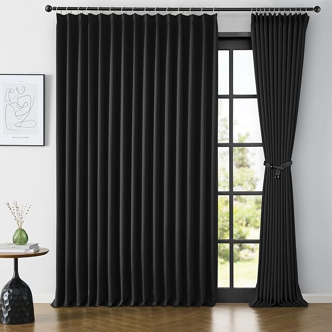 KEQIAOSUOCAI Extra Wide Black Pinch Pleated Curtains 100 x 84, Thermal Insulated Noise Cancelling Living Room Drapes 84 inches Long, Patio Sliding Glass Door Window Curtain 2 Panels-BubblyBeeBaby