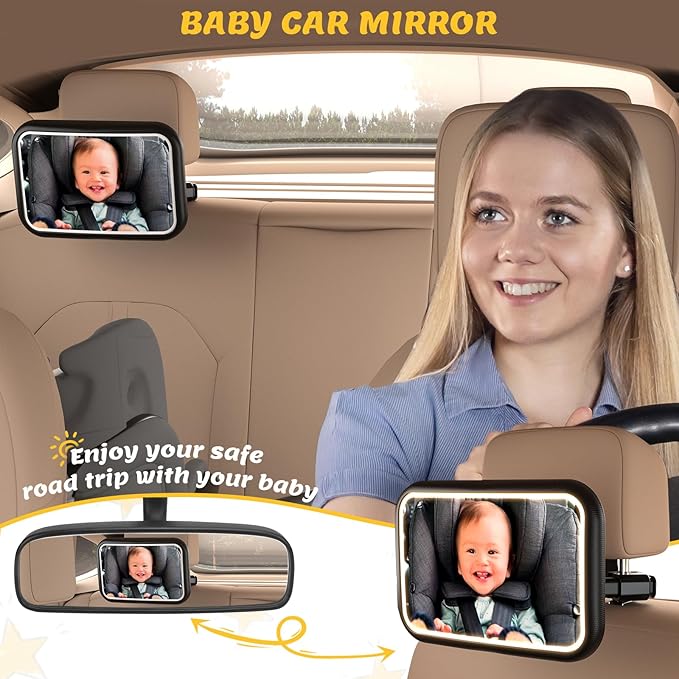 Baby Car Mirror with Light, 7 RGB Light Rear Facing Baby Car Seat Mirror with Remote Control Rechargeable 360° Rotation Hook Clip Design Wide View Shatterproof-BubblyBeeBaby