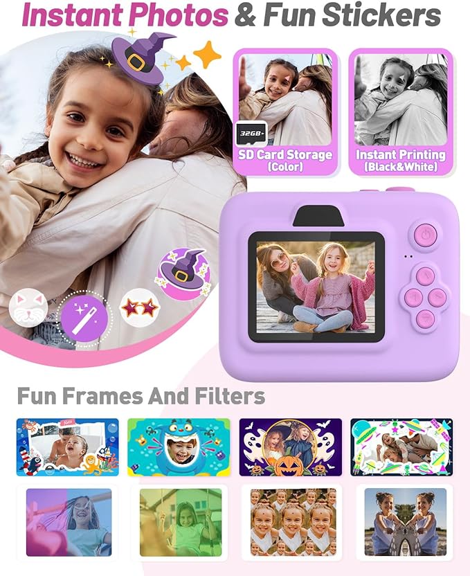 Instant Print Camera for Kids, Christmas Birthday Gifts for 3-12 Year Old Girls Boys, 2.4in Screen 1080P Video Digital Camera Toys for Kids Age 4 5 6 7 8 9 10 with 3 Rolls Print Paper 32G Card-BubblyBeeBaby