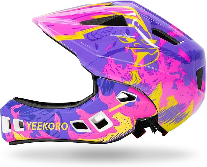 Kids Bike Helmet with Chin Guard, Adjustable Detachable Children’s Full Face Helmet for Girls and Boys, Cycling Helmets Skateboard, Scooter-BubblyBeeBaby