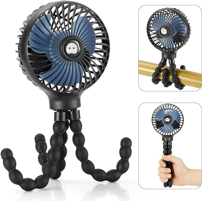 snawowo Mini Handheld Personal Portable Fan, Baby Stroller Fan, Car Seat Fan, USB or Battery Powered, with Flexible Tripod Clip on Student Bed Desk Bike Crib Treadmill Camping Traveling(Black)-BubblyBeeBaby