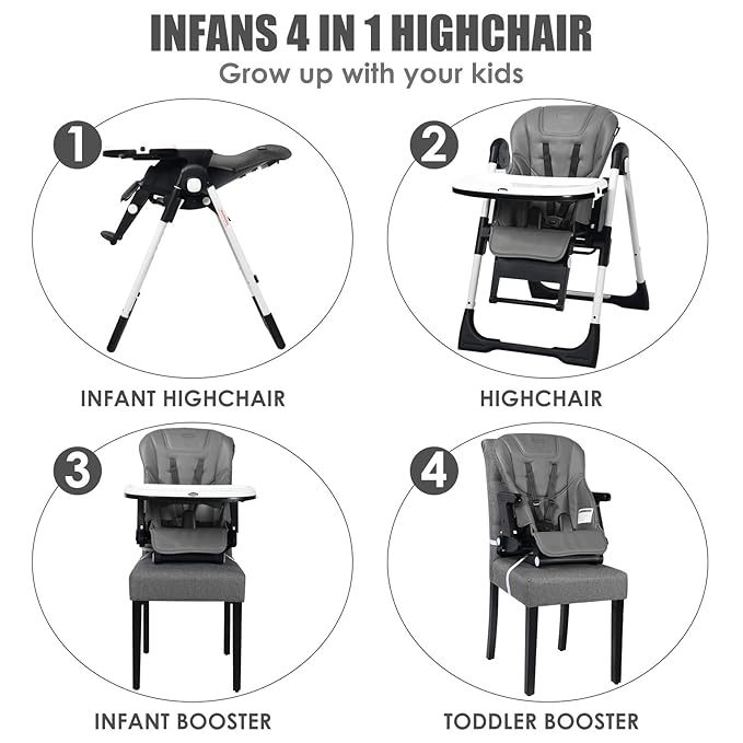 INFANS 4 in 1 High Chair–Booster Seat, Convertible Highchair w/Adjustable Height and Recline,Removable Tray,DetachableCushion, Installation-Free,Simple Fold for Baby, Infant& Toddler-BubblyBeeBaby