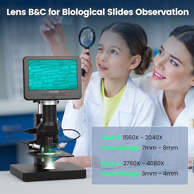 JL246PS 3 Lens 7'' HDMI Digital Microscope 4000X, Biological Microscope for Adults Kids with Prepared Slides, UHD 2160P Video, Full Coin Microscope for Error Coins, Windows Compatible, 32GB-BubblyBeeBaby