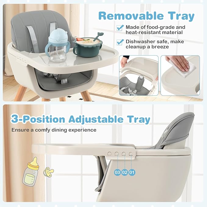 HONEY JOY High Chair, 3-in-1 Eat & Grow Wooden Highchair/Toddler Chair with Removable Tray, 5-Point Harness, PU Cushion and Footrest for Baby, High Chair for Babies and Toddlers(Gray)-BubblyBeeBaby
