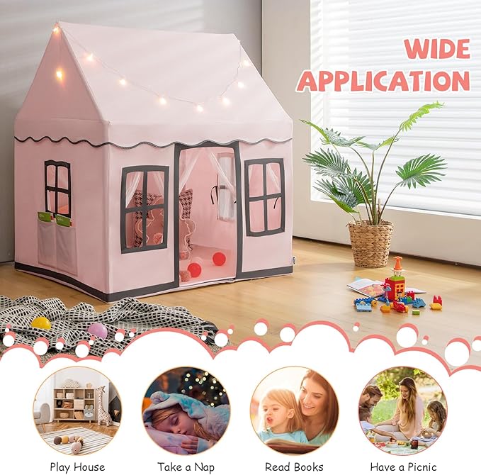 INFANS Kids Play Tent with Washable Mat Star Light Windows, Anti-Trip Large Playhouse Toys for Children Boys Girls, Indoor Outdoor Princess Tents Castle for Toddlers (Pink)-BubblyBeeBaby