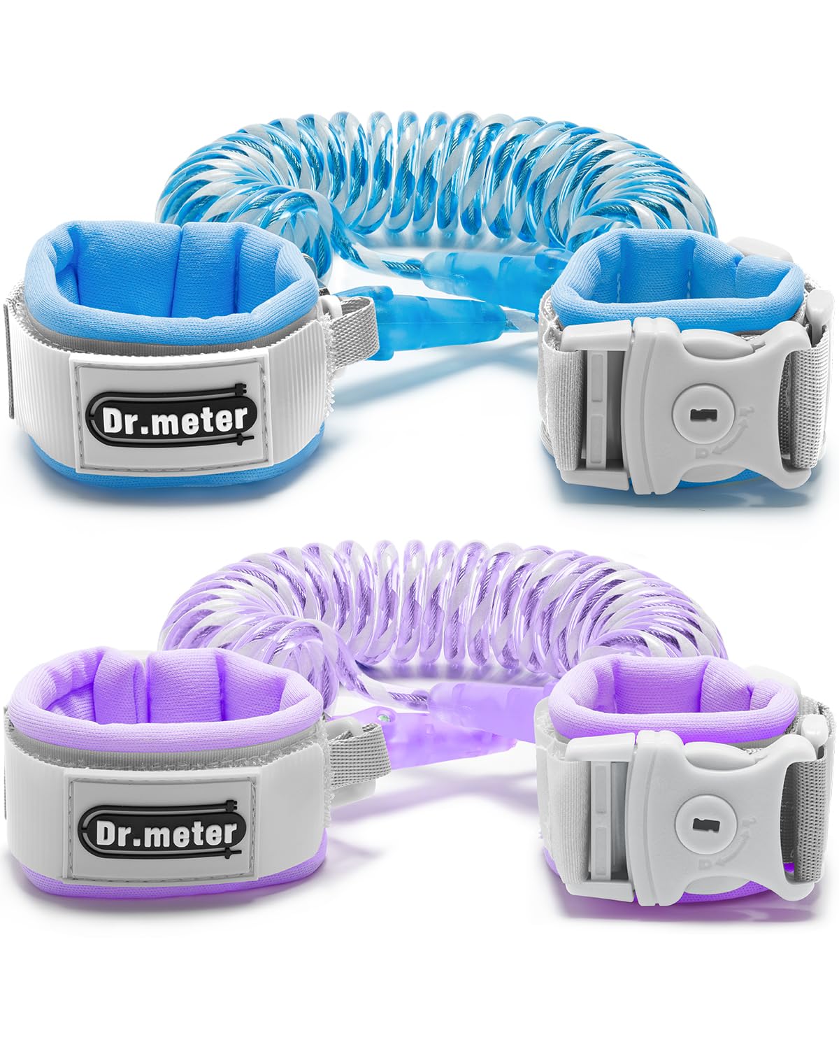 Dr.meter Anti Lost Wrist Link, 2 Pack Toddler Safety Leash with Key Lock, Reflective Child Walking Harness - Dual 8.2ft Length Blue & Purple Kids Leash for Store Mall Airport Theme Park Trip