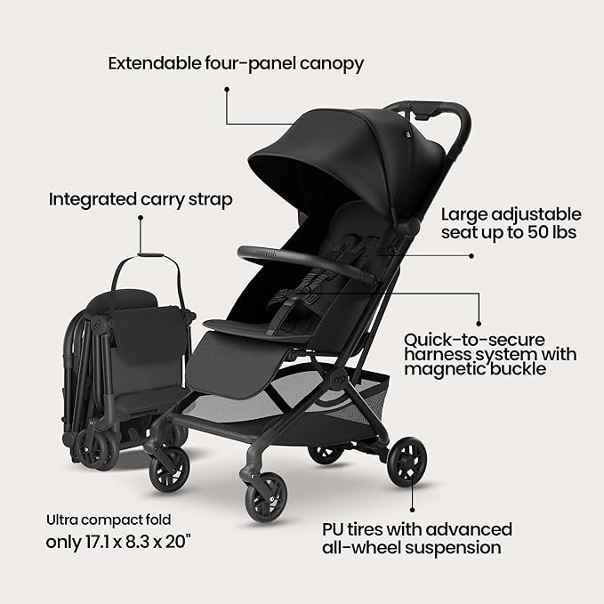 Mompush Velo Lightweight Travel Stroller – One-Hand Fold, Ultra-Compact & Airplane Friendly, Lie-Flat Recline Seat (from Birth to 50 lbs), Includes Cup Holder, Shoulder Strap, and Leather Bumper Bar-BubblyBeeBaby