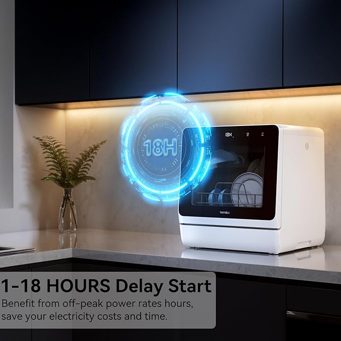 Hermitlux Countertop Dishwasher, 7 Washing Programs Portable Mini Dishwasher with 5-Liter Built-in Water Tank for Apartments & RVs, LED Light, Glass Door, No Hookup Needed-BubblyBeeBaby