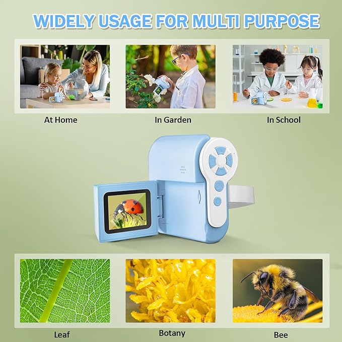 1000X Handheld Microscope for Kids, 4K 2.0" Screen Mini Pocket Microscope with 6 Adjustable LED Lights, Edu Science Birthday Gifts for Kids Ages 8-12, 32G SD Card Included - Blue-BubblyBeeBaby