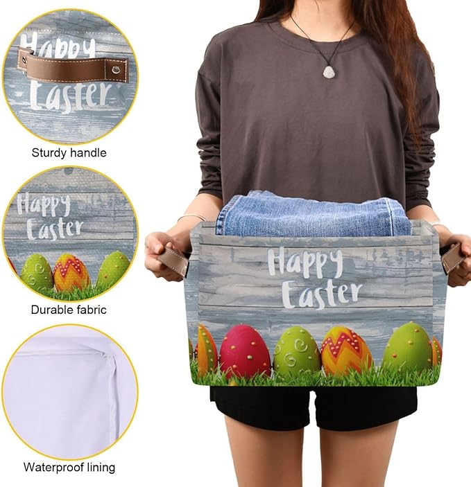 Happy Easter Eggs Storage Basket Cube Storage Bins Organizer Bag Collapsible Closet Shelf Baskets with handle for Baby Cloth Pet Toy Book 14.2×10.2×8.3 IN-BubblyBeeBaby