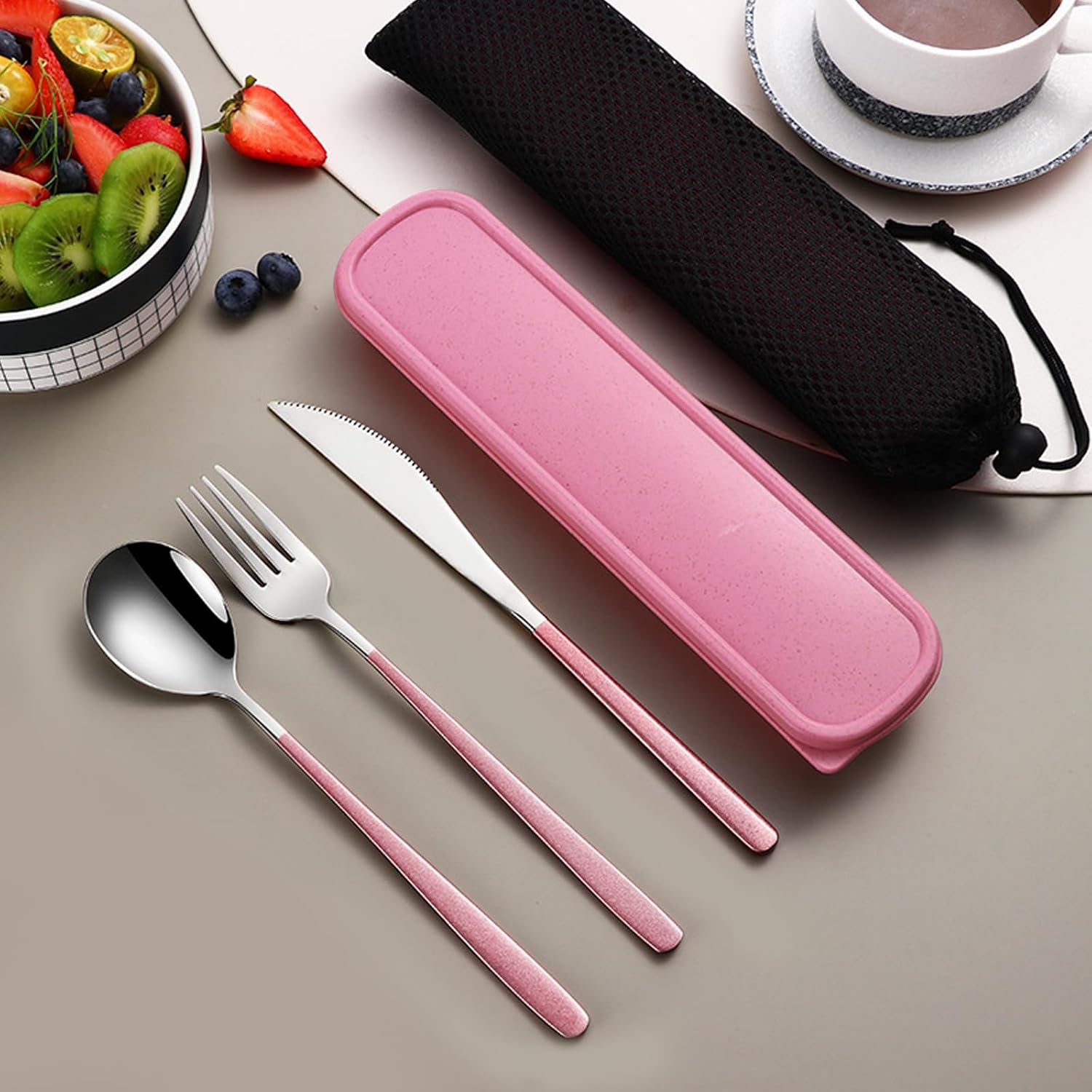 VANRA 3-Piece Portable Travel Utensils Set with Case 18/8 Stainless Steel Flatware Set Reusable Cutlery Set with Fork Spoon Knife for Lunch Travel Camping School Work Picnic (Pink)