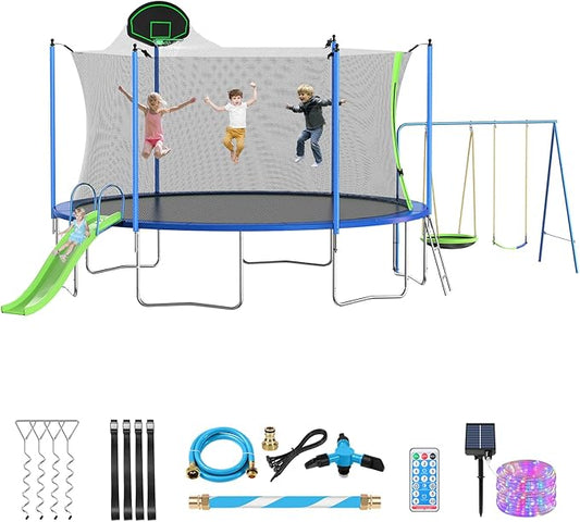 12FT 14FT Trampoline with Slide and Swings, ASTM Approved Outdoor Trampoline with Basketball Hoop and Ladder, Capacity for 5-7 Kids and Adults-BubblyBeeBaby
