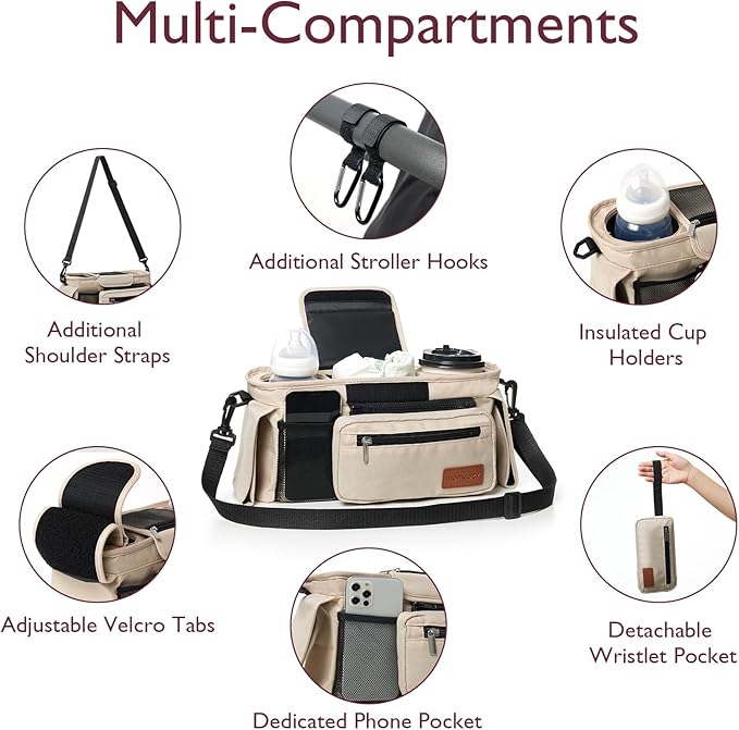 Momcozy Universal Stroller Organizer with Insulated Cup Holder Detachable Phone Bag & Shoulder Strap, Fits for Stroller like Uppababy, Baby Jogger, Britax, BOB, Umbrella and Pet Stroller-BubblyBeeBaby