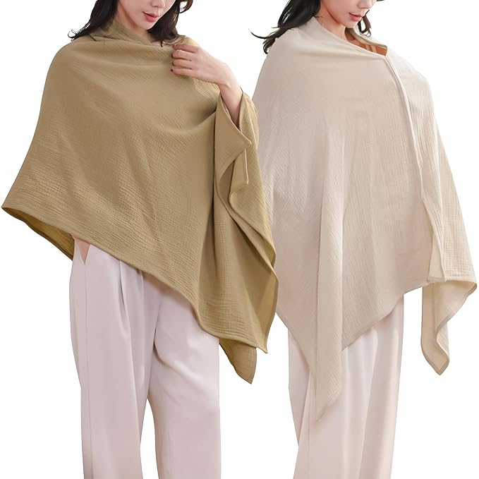2-Pack Nursing Covers for Breastfeeding, 100% Organic Cotton Muslin Breastfeeding Cover, Multi-Use Nursing Scarf, Car Seat Canopy, Stroller Cover, Soft Breathable Baby Blanket Khaki Brown-BubblyBeeBaby