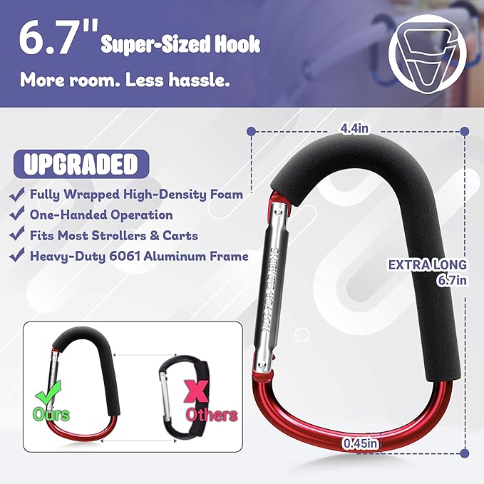 sprookber 6.7 Inch Large Stroller Hooks for Diaper Bags & Purses, Heavy Duty Mommy Hooks for Shopping, Grocery, Backpack – Baby Stroller Accessories, Set of 2 (Red)-BubblyBeeBaby