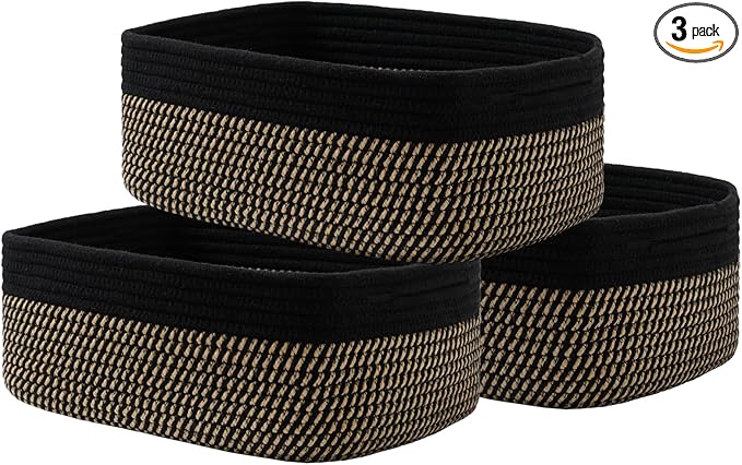 KALLAX Small Woven Basket, 13.5 x 9.5 x 5 Inches, Storage Basket for Organizing, Cute Small Rope Shelf Closet Cube Storage Bins Baskets for Shelves, Dog Toy Gift Baskets Empty, 3 Pack Black & Brown-BubblyBeeBaby
