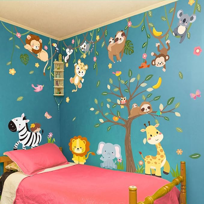 iMagitek Large Jungle Animals Tree Wall Decals Safari Animals Climbing Trees Wall Stickers Elephant Giraffe Lion Sloth Wall Stickers for Baby Nursery Kids Room Playroom Classroom 90.94" x 62.59"-BubblyBeeBaby