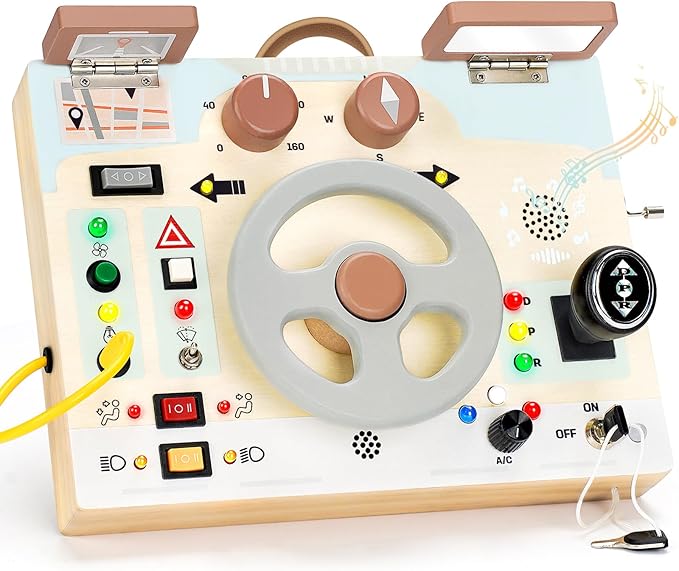 Joyreal Montessori Toddler Busy Board - Montessori Toys for 1 2 3 Years Old, Wooden Sensory Board with LED Lights, Steering Wheel, Music Player, Travel Toys for 1+ Year Old Boy & Girl Birthday Gift-BubblyBeeBaby