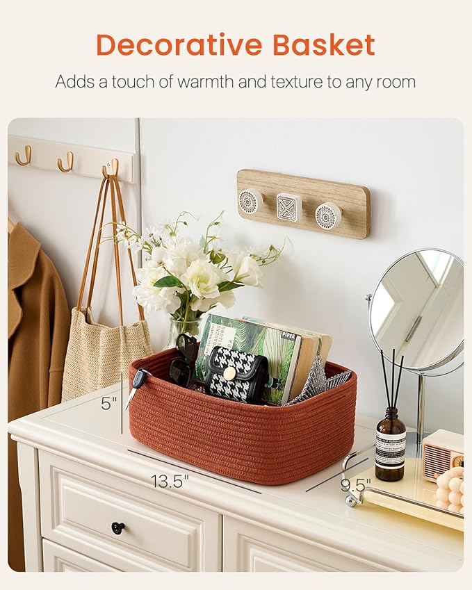 KALLAX Small Woven Basket, 13.5 x 9.5 x 5 Inches, Storage Basket for Organizing, Cute Small Rope Shelf Closet Cube Storage Bins Baskets for Shelves, Dog Toy Gift Baskets Empty, 3 Pack Rust Red-BubblyBeeBaby