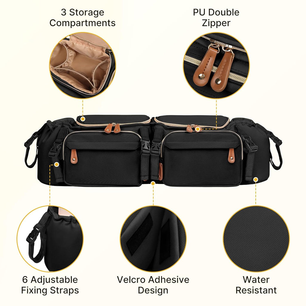 Double Stroller Organizer for Bob Duallie and Baby Jogger City Mini GT2, Double Stroller Caddy Organizers with Cup Holder and 2 Cooler Pockets Parent Console Double Stroller Accessories