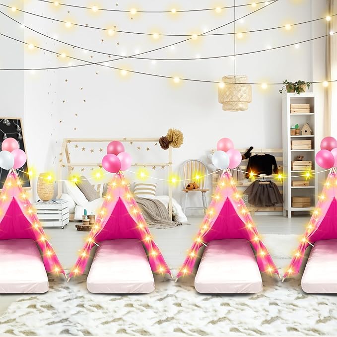 2 Pack Kids Teepee Tent with Mattress,Fitted Sheet,Light String,Washable Natural Cotton Toddler Play Tent for Girls Boys Indoor Outdoor Sleepover Slumber Birthday Party(Rose Red)-BubblyBeeBaby