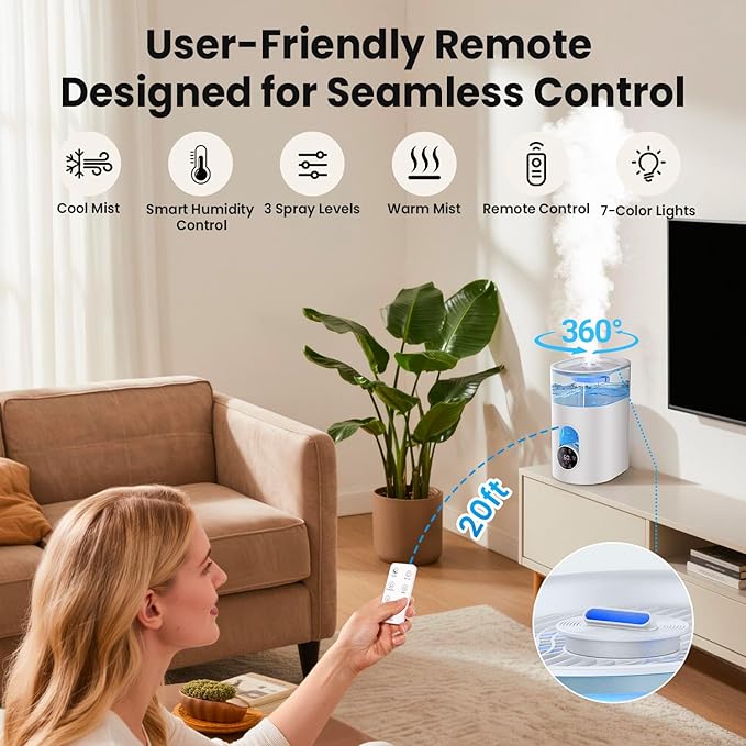 Humidifiers for Bedroom Large Room Home - GloryAir 6L Quiet Top Fill Cool & Warm Mist Humidifier with Smart Humidity Control, Remote Control, 7-Color Light, Humidistat, Oil Diffuser for Plants & Baby-BubblyBeeBaby