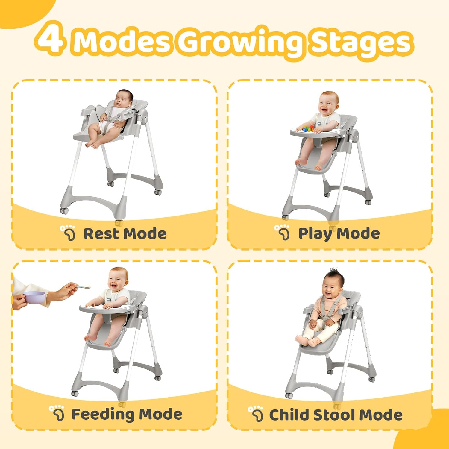 JOYMOR Foldable Baby High Chair, 4 in 1 Convertible Highchair for Eating, Height Adjustble and Multiple Recline, Compact Foldable Design for Easy Storage (Gray)