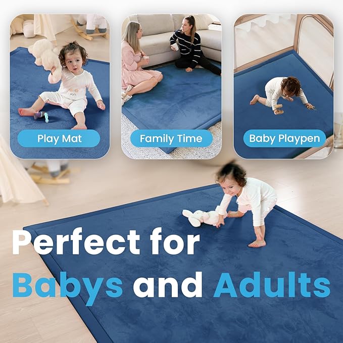 1.3" Thick Baby Play Mat for Floor Playpen, 50x50 Foam Tummy Time Mat, Padded Support Soft Plush Nursery Rug for Infant Kids Toddler Crawling Kick Activity (Royal Blue)-BubblyBeeBaby