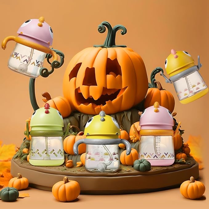 bc babycare Straw Sippy Cups for Toddler, No Spill Sippy Cups for Baby 1+ Year Old, Transition Weighted Sippy Cup with Straw and Strap, 10oz/300ml, Pink-BubblyBeeBaby