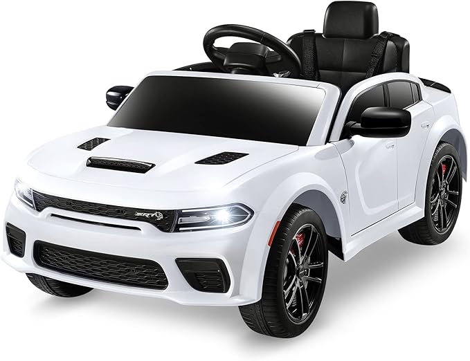 12V 7Ah Kids Electric Ride on Car, Licensed Dodge Charger SRT Hellcat, Battery Powered 4-Wheels Toy Car Electric Vehicle for Kids with Remote Control, 3 Speeds, LED Lights, Music (White)-BubblyBeeBaby