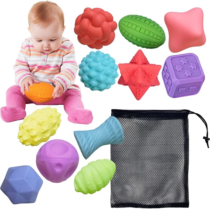 12P Sensory Balls for Toddlers 1-3,Balls for Baby Toys 6-12 Months,Bright Color Textured Multi Soft,Baby Massage Toy,Birthdays, Includes Storage Bag-BubblyBeeBaby