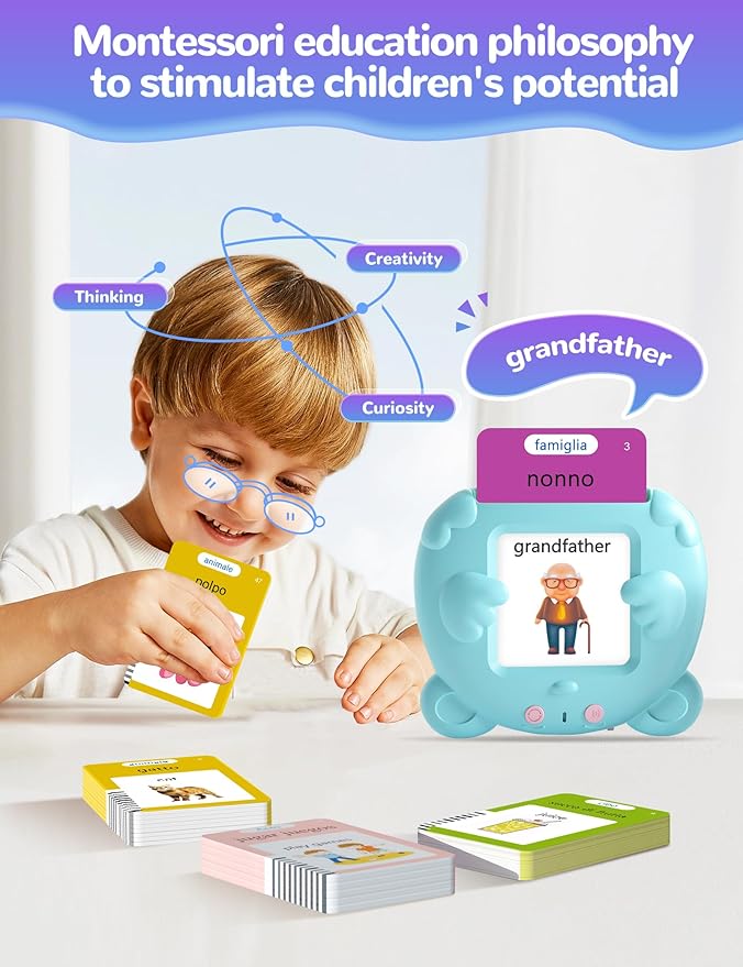 Italian and English Talking Flash Cards for Toddlers, 510 Sight Words Bilingual Learning Toys for Children, Autism Pocket Speech Therapy Toys, Italiano Vocabulary Educational Flashcards-BubblyBeeBaby