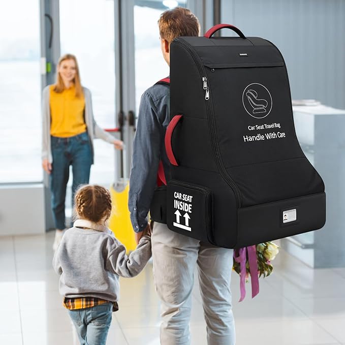 RAINSMORE Padded Car Seat Travel Bag for Airplane Heavy Duty Car Seat Backpack for Air Travel Baby Carseat Cover Bags for Airport Large Car Seats Carrier Fits Car Seats & Booster Seats, Black-BubblyBeeBaby