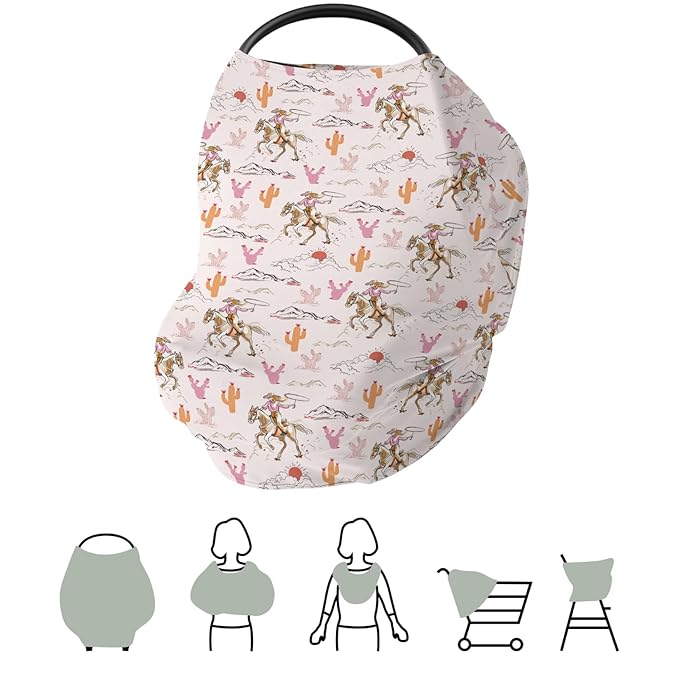 Cute Pink Cowgirl Car Seat Cover for Baby Western Cowgirls Horse Cactus Mountain Sunset Stretchy 5-in-1 Covers Adjustable Infant Carseat Canopy Cover Wild West Desert Breathable Nursing Cover-Up-BubblyBeeBaby