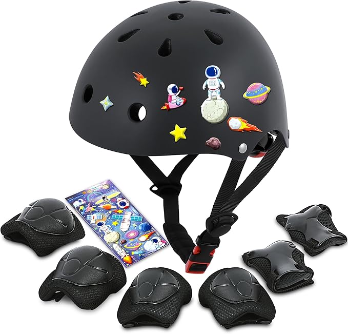 Kids Bike Helmet with DIY Stickers and Knee Pads Elbow Pads Wrist Guard Set for Ages 3-8-14 Toddler Boys Girls Helmet for Roller Skates Cycling Skateboarding Bicycle Scooter-BubblyBeeBaby