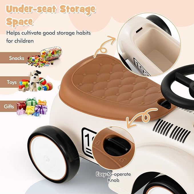 HONEY JOY Ride On Push Car, Outdoor Toddler Riding Toys w/Steering Wheel, Horn & Storage, Foot-to-Floor Sliding Car, No Batteries, Retro Baby Ride On Toys for Boys and Girls (White)-BubblyBeeBaby