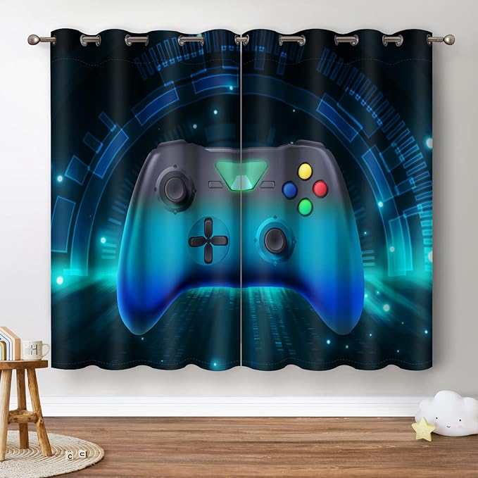Jekeno Game Controller Blackout Curtains for Kids Boys Teens Bedroom Gamer Gaming Gamepad Decor for Home Living Room Darkening Grommet Window Drapes 2 Panel Set, 42"x63"-BubblyBeeBaby