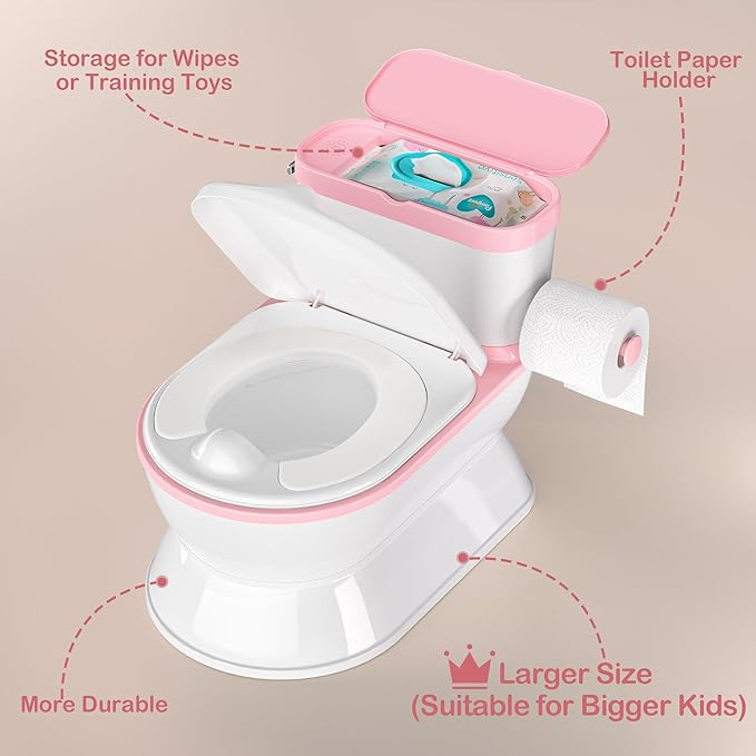 2-in-1 Toddler Potty Training Toilet - Larger Potty Chair & Detachable Training Seat for Boys & Girls Ages 1-3 with Flushing Sound, Wipes Storage, Toilet Paper Holder - Pink-BubblyBeeBaby