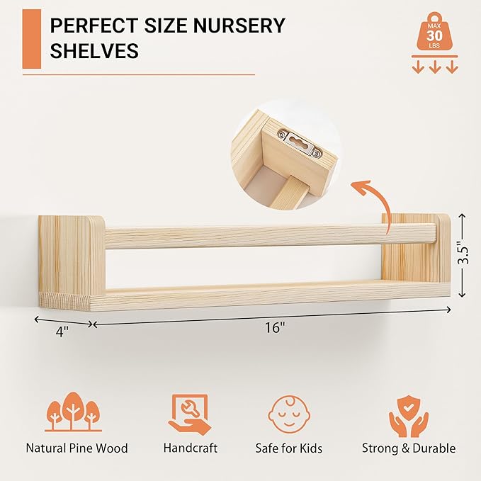 Heimlove Nursery Floating Shelves, Wood Nursery Book Shelves for Wall, 16 inch Wall Bookshelf for Kids Solid Wood Wall Mounted Shelves for Books,Toys and Decor Storage, Set of 3-BubblyBeeBaby