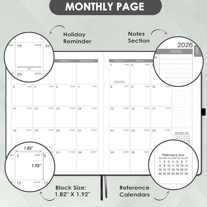 2026 Planner - 2026 Planner Weekly and Monthly, JAN 2026 - DEC 2026, Calendar Planner with Hardcover,Thick Paper, Back Pocket, Notes Pages, Pen Loop (9" x 11") - Black-BubblyBeeBaby