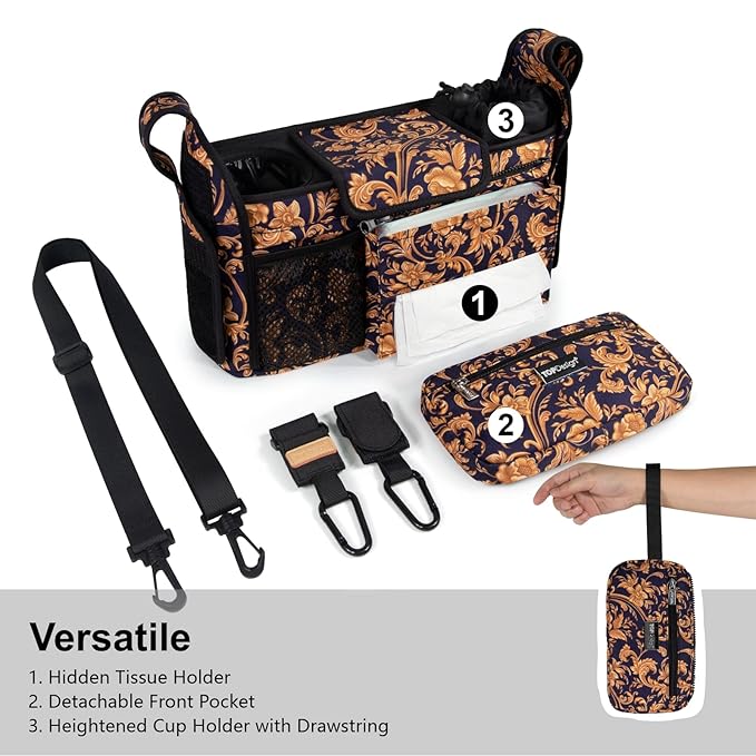 TOPDesign Universal Baby Stroller Organizer, Stroller Caddy with Heightened Insulated Cup Holders & Non-Slip Secure Hooks Accessories, Fits Most Strollers, Machine Washable (Baroque Gold)-BubblyBeeBaby