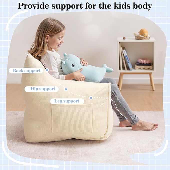 HOMMPA Bean Bag Chair for Kids Stuffed Toddler Bean Bag Sofa with Pocket Filler Cat Shaped Bean Bag Chair Boys and Girls Baby Lazy Floor Sofa Chair for Gaming Reading Playing Beige-BubblyBeeBaby