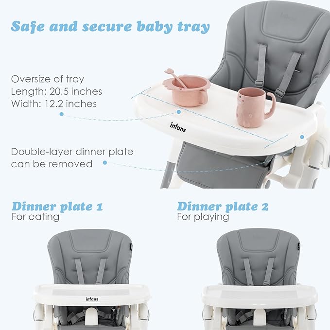 INFANS High Chair for Babies & Toddlers, Foldable Highchair with Multiple Adjustable Backrest Footrest Seat Height, Removable Tray, Detachable PU Leather Cushion, Built-in Rear Wheels (Light Grey)-BubblyBeeBaby