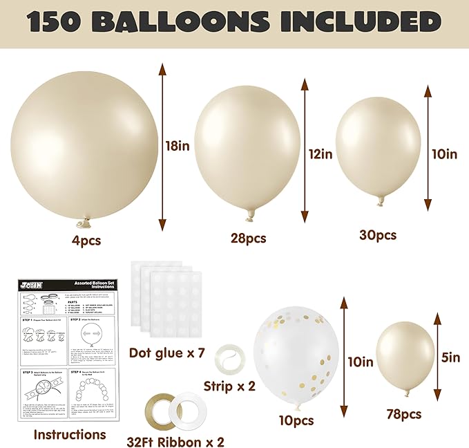 JOYIN 150 Pcs Sand White Balloons, Different Sizes 18 12 10 5 Inch Sand White Latex Balloon Arch Kit with Instruction for Birthday Party Graduation Wedding Holiday Decoration-BubblyBeeBaby