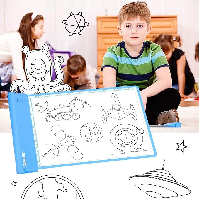 IMAGE Light Up Tracing Pad Blue Drawing Tablet Coloring Board for Kids Children Gift for Boys Girls (Includes 10 Traceable Sheets and Two Clips)-BubblyBeeBaby