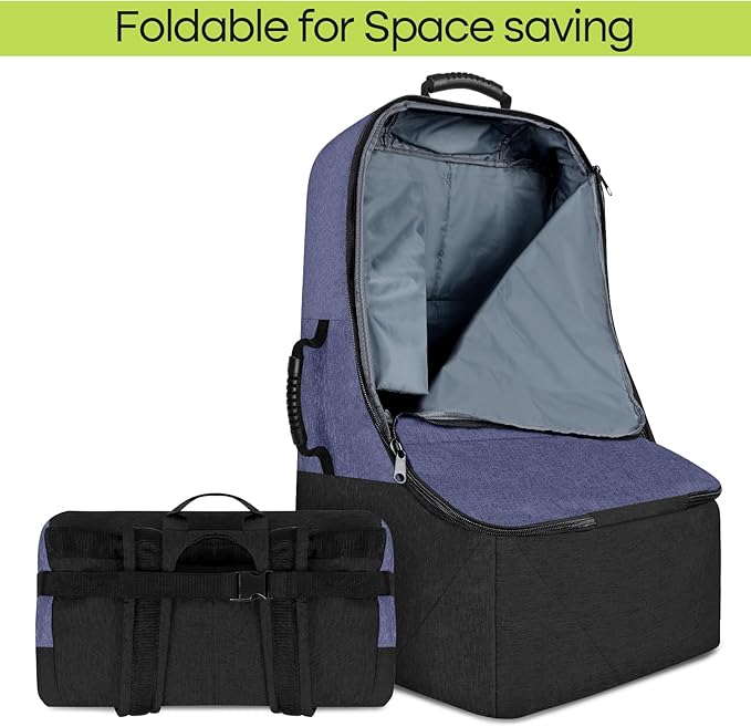 Padded Car Seat Travel Bag for Airplane, Heavy Duty Backpack for Air Travel, Water-Resistant Carrier with Shoulder Strap, Fits Most Car Seats (Blue+Black)-BubblyBeeBaby