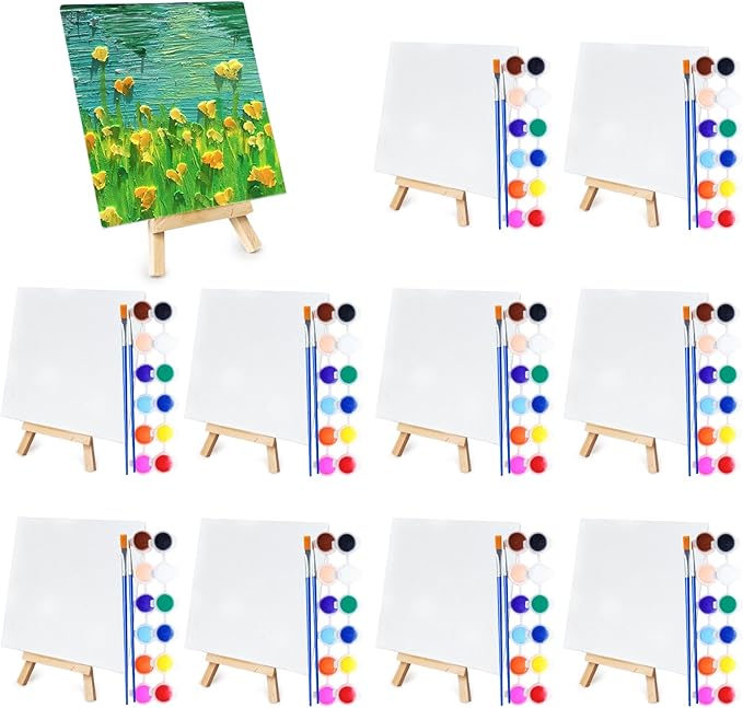 10 Set Mini Acrylic Paint Kit, 5.9In Canvas Boards for Painting with 6.5" Easel, Acrylic Paint Strips, Painting Brushes, Mini Canvas and Easel Set for Kids Artists Beginner Gift Party (160)-BubblyBeeBaby