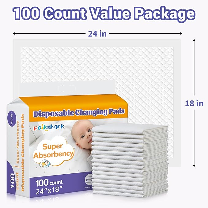 100 Pack Disposable Changing Pads for Baby [24" x 18"] Super Absorbency Disposable Underpads Large Bed Pads Absorbent Fluff Protective Table Pads Disposable Diaper Changing Pads, Leakproof-BubblyBeeBaby